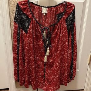 Bohemian Red Floral Blouse with Tassels